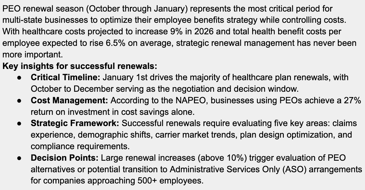 PEO renewals executive summary.